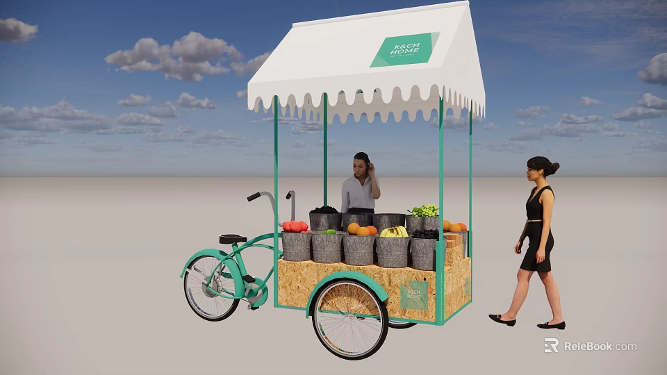 White Canopy Structure With Green Frames For Mobile Fruit Vegetable Bicycle Stall 3d model 