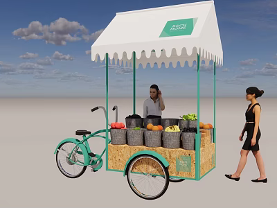 White Canopy Structure With Green Frames For Mobile Fruit Vegetable Bicycle Stall 3d model