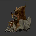 Decorative Tree Stump Shaped Building With Orange Structures Purple Flowers Stone Base And Entrance