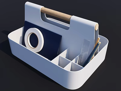 White Storage Organizer With Wooden Handle And Divided Compartments For Stationery Items 3d model
