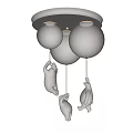 Modern Elegant Chandelier With White Globe Shades Hanging Seal Figures Against Gray Wall