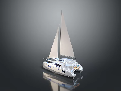 White Catamaran with Twin Masts on Calm Water Showcasing Clear Reflection 3d model