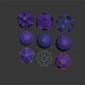 Shiny Purple Geometric Spheres With Polyhedron Shapes And Hollow Designs On Dark Background