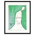Abstract Painting in Black Frame Green Background White Human Figure Black Lines Small Object