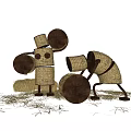 Two Straw Sculptures With Wooden Drums Standing And Bending On Hay