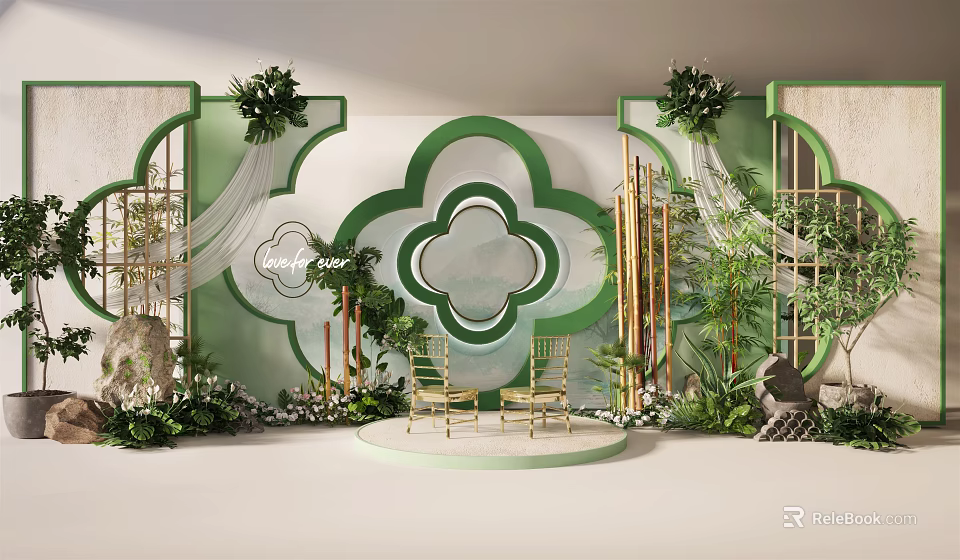 Green And White Decorative Setting With Clover Shaped Decor Golden Chairs Round Platform And Plants 3d model 