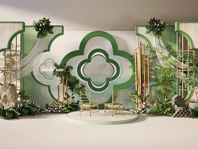 Green And White Decorative Setting With Clover Shaped Decor Golden Chairs Round Platform And Plants 3d model