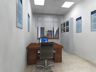 Functional Office Interior With Wooden Desk Ergonomic Chair Laptop Wall Posters And City View Window 3d model