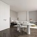 Modern Open Bedroom Interior with White Bathtub Bookshelf Wardrobe Chair Table and Wooden Floor