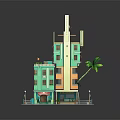 Colorful Multi Story Building Model With Teal Beige Exterior Balconies And Palm Tree