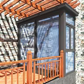 Villa Balcony With Wooden Pergola Glass Doors And Stone Walls