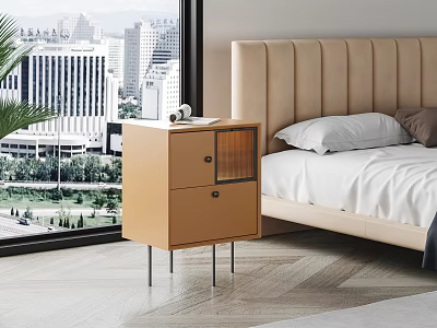 Light Brown Bedside Table With Drawers Metal Legs And Beige Headboard By City View Window 3d model