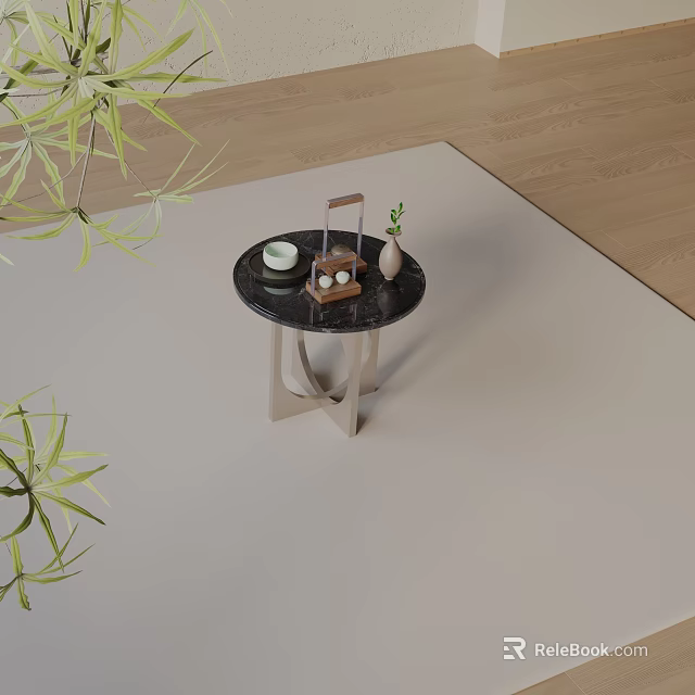 Minimalist Round Marble Side Table With Metal Legs Tray Cup And Vase On Beige Rug 3d model 