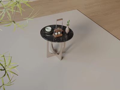 Minimalist Round Marble Side Table With Metal Legs Tray Cup And Vase On Beige Rug 3d model