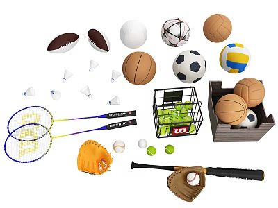Assorted Sports Equipment With Balls Rackets Bat Gloves And Storage Containers 3d model
