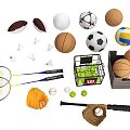 Assorted Sports Equipment With Balls Rackets Bat Gloves And Storage Containers