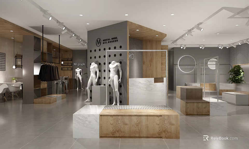 Modern Clothing Store Interior With White Mannequins Wooden Marble Display Platforms And Hanging Clothes 3d model 