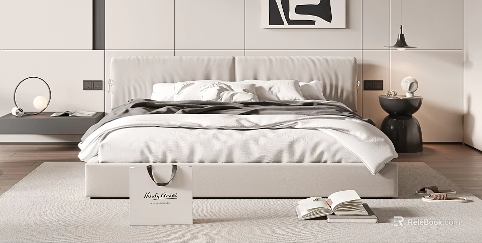 Modern Stylish Double Bed Bedroom Interior With White Headboard And Bed Linens 3d model 