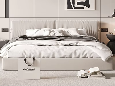 Modern Stylish Double Bed Bedroom Interior With White Headboard And Bed Linens 3d model