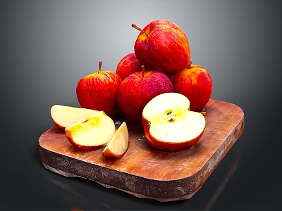 Fresh Whole And Sliced Apples On Rustic Wooden Cutting Board 3d model