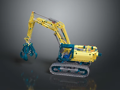 Building Blocks Excavator Model With Yellow Body Blue Claw And Tracked Chassis 3d model