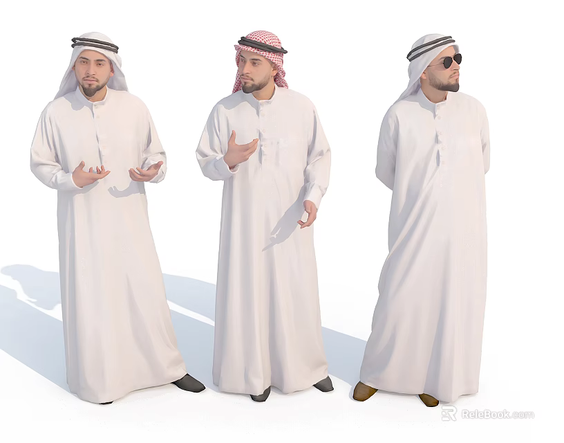 Three Men In White Thobes And Headscarves Displaying Traditional Arab Attire 3d model 