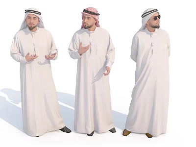 Three Men In White Thobes And Headscarves Displaying Traditional Arab Attire 3d model
