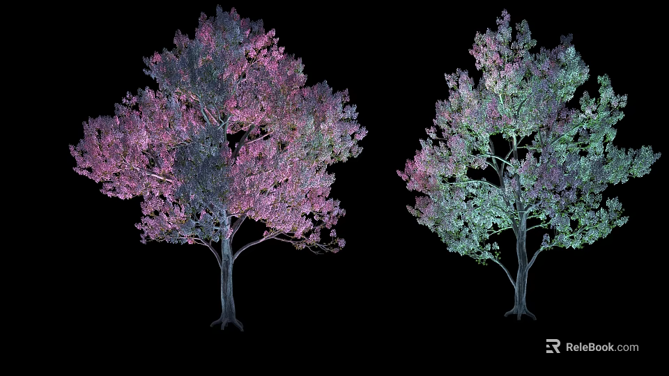 Two Arbor Trees With Pink Purple Green Blue Leaves On Dark Background 3d model 