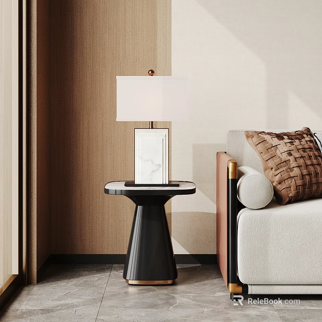Modern Black Side Table With Table Lamp Marble Photo Frame And Sofa Pillows 3d model 