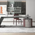 Modern Study Room Interior With White Cabinets Black Desk Red Chair Bookshelf And Rug