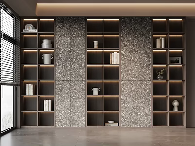 Modern Wooden Bookcase With Layered Shelves And Decorative Items On Textured Backdrop 3d model