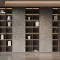 Modern Wooden Bookcase With Layered Shelves And Decorative Items On Textured Backdrop