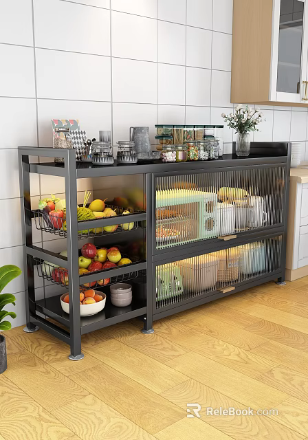 Practical Modern Black Kitchen Side Cabinet With Multi Layer Storage Spaces For Fruits And Tableware 3d model 