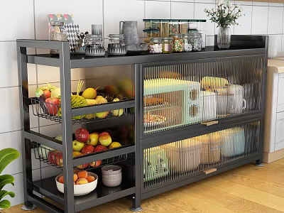 Practical Modern Black Kitchen Side Cabinet With Multi Layer Storage Spaces For Fruits And Tableware 3d model