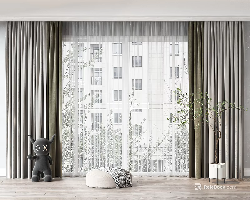 Elegant Gray Curtains with Sheer White Panels in Modern Living Room City Building View 3d model 
