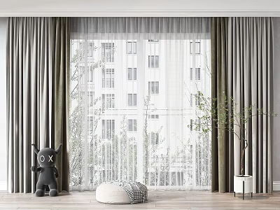Elegant Gray Curtains with Sheer White Panels in Modern Living Room City Building View 3d model