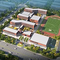 Modern Red Brick School Buildings with Green Sports Field and Tree Surroundings