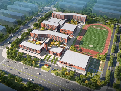 Modern Red Brick School Buildings with Green Sports Field and Tree Surroundings 3d model