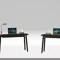 Modern Wooden Desk Setup With Laptop Table Lamp And Decorative Items
