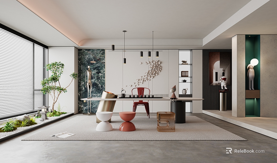 Modern Study Room Interior With Writing Desk Colorful Chairs Bookshelves Pendant Lights And Green Plants 3d model 