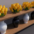 Vibrant Yellow Tulips Arranged in White and Black Vases on Wooden Shelf