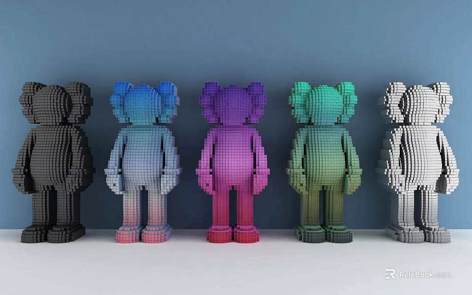 Colorful Pixel Art Kaws Sculptures With Multiple Gradient Colors Standing Arrangement 3d model