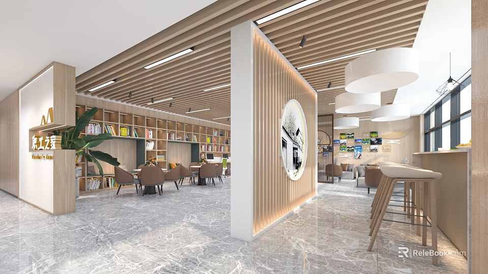 Modern Lounge Area Interior Design With Bookshelves Comfortable Chairs Marble Floor And Pendant Lights 3d model 
