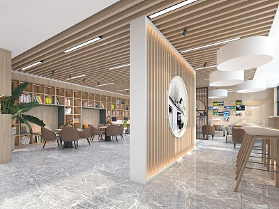 Modern Lounge Area Interior Design With Bookshelves Comfortable Chairs Marble Floor And Pendant Lights 3d model