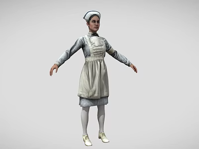 Woman in Traditional Nurse Uniform With White Cap Gray Long Sleeves and White Apron 3d model