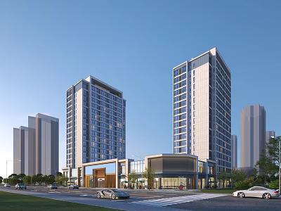 Modern Urban Commercial Street With High Rise Buildings Greenery Cars And Storefronts 3d model
