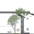White Traditional Chinese Guesthouse Building with Sloped Roof Lattice Windows and Trees