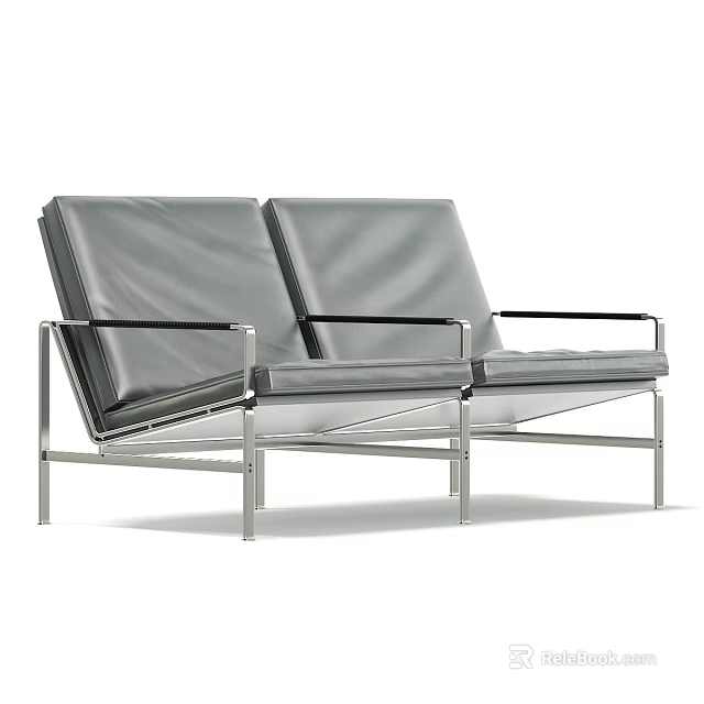 Modern Gray Leather Single Sofa with Metal Frame Armrests and Stylish Design 3d model 