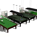 Multiple Design Billiard Tables With Green Felt Surface And Hanging Lights For Sports Use
