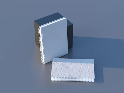 Spiral Bound Notebooks With White Covers Standing And Lying On Gray Background With Black Cube 3d model